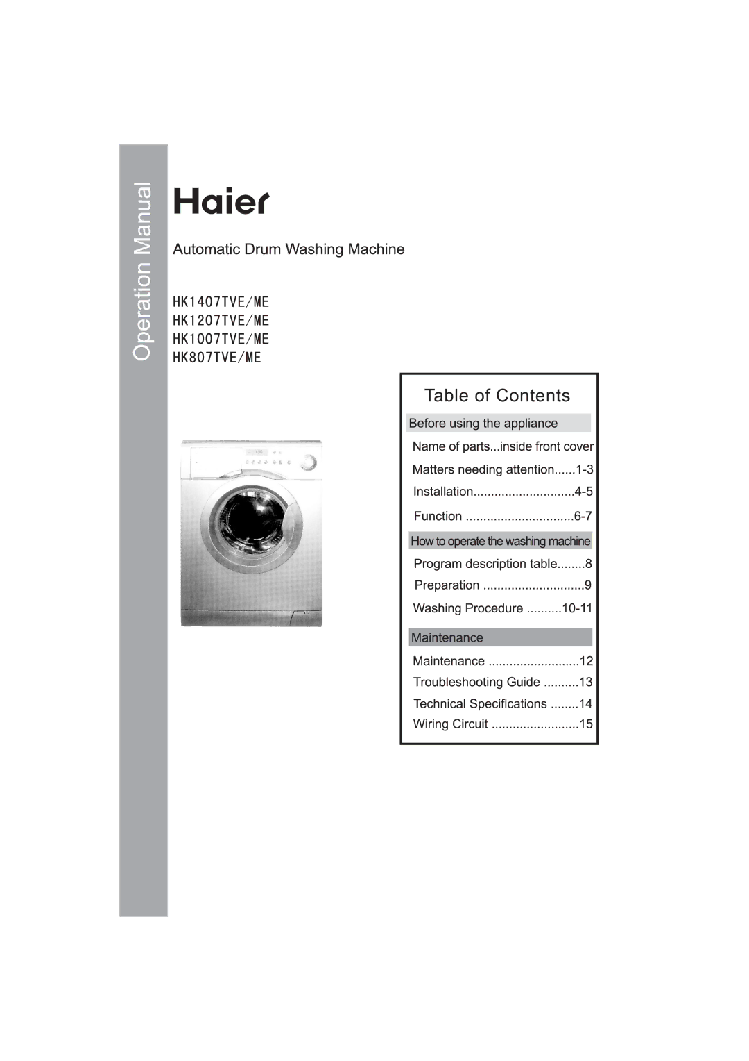 Haier HK1007TVE/ME, HK807TVE/ME, HK1407TVE/ME, HK1207TVE/ME manual 