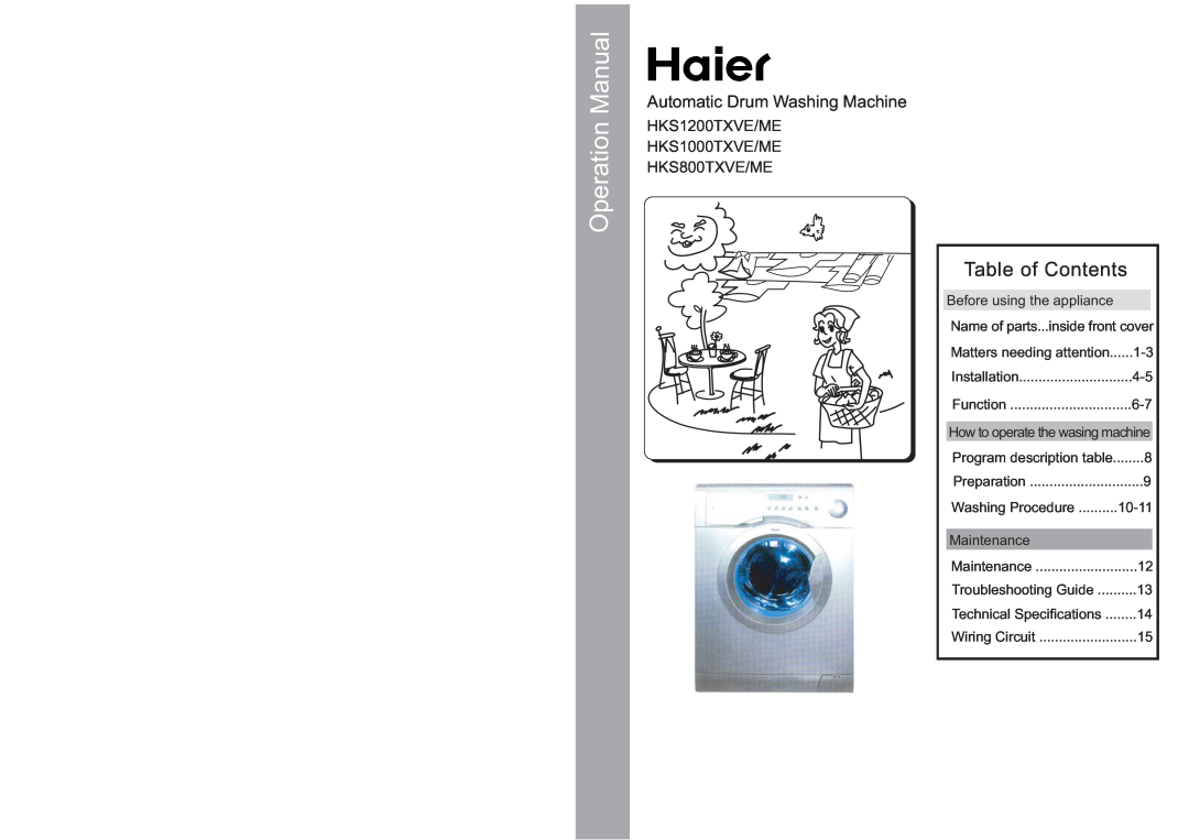 Haier HKS1200TXVE, HKS800TXME operation manual Automatic Drum Washing Machine, Operation Manual, Table of Contents 