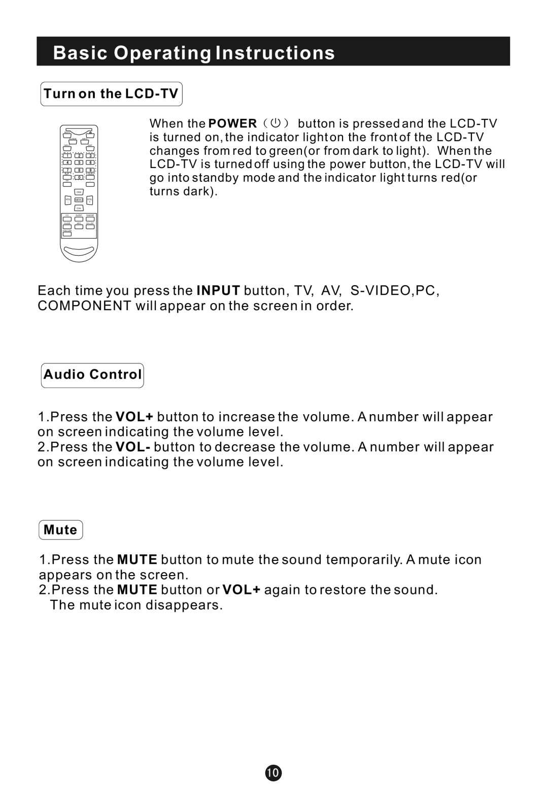 Haier HL15B user manual Basic Operating Instructions, Turn on the LCD-TV, Audio Control, Mute 