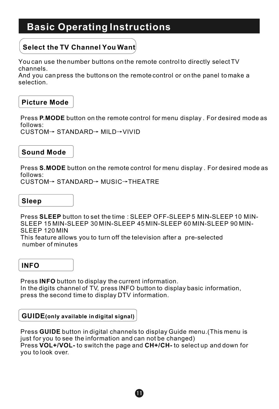 Haier HL15B user manual Select the TV Channel You Want, Picture Mode, Sound Mode, Sleep 