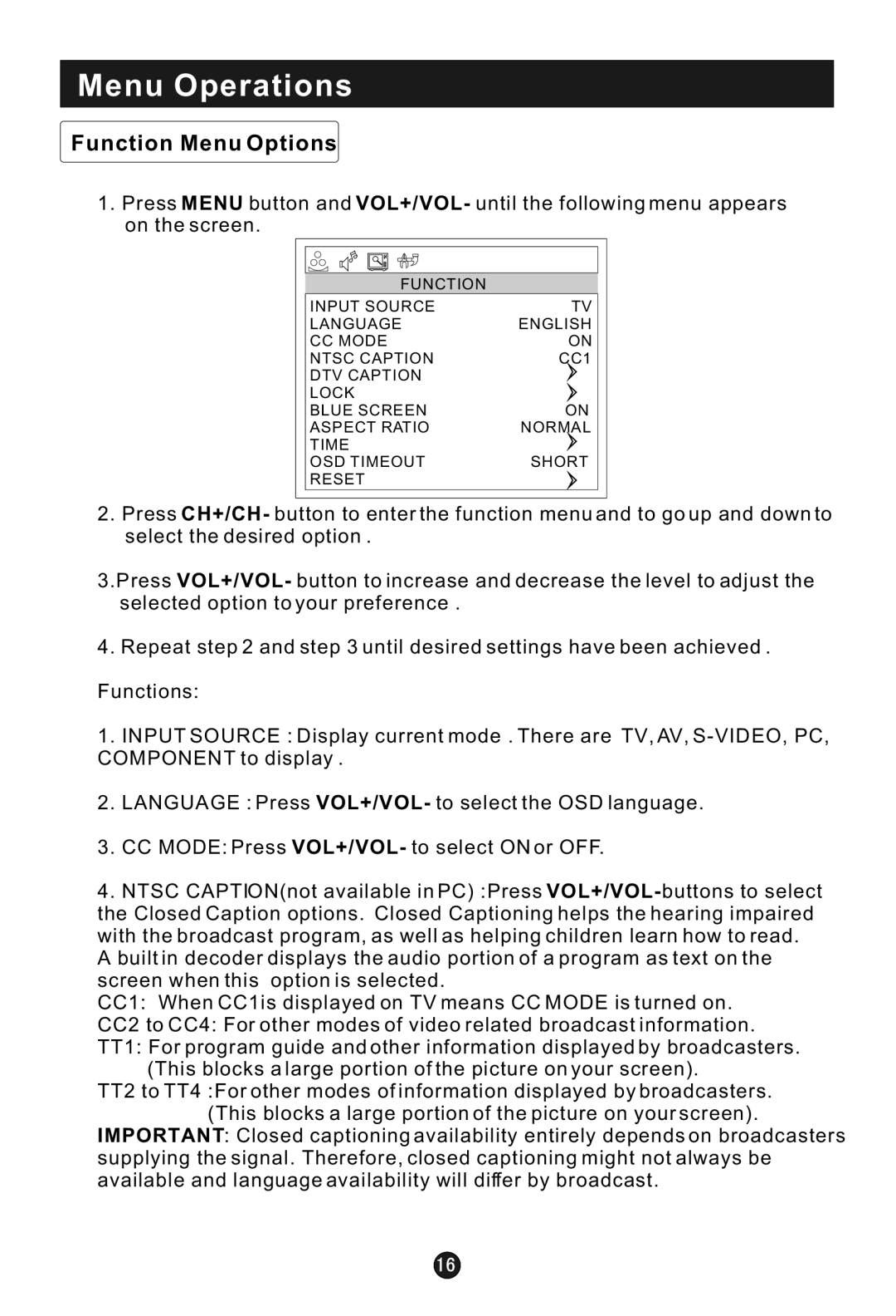 Haier HL15B user manual Function Menu Options 