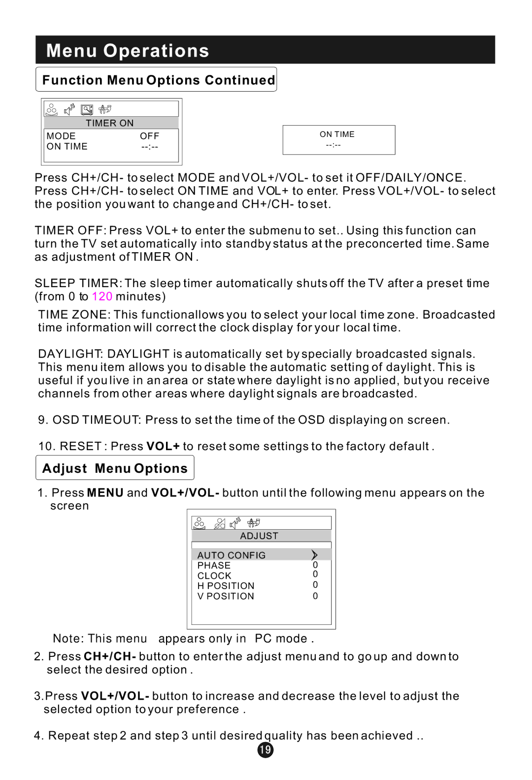 Haier HL15B user manual Adjust Menu Options 