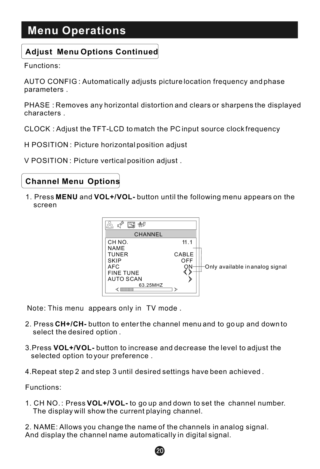 Haier HL15B user manual Channel Menu Options 