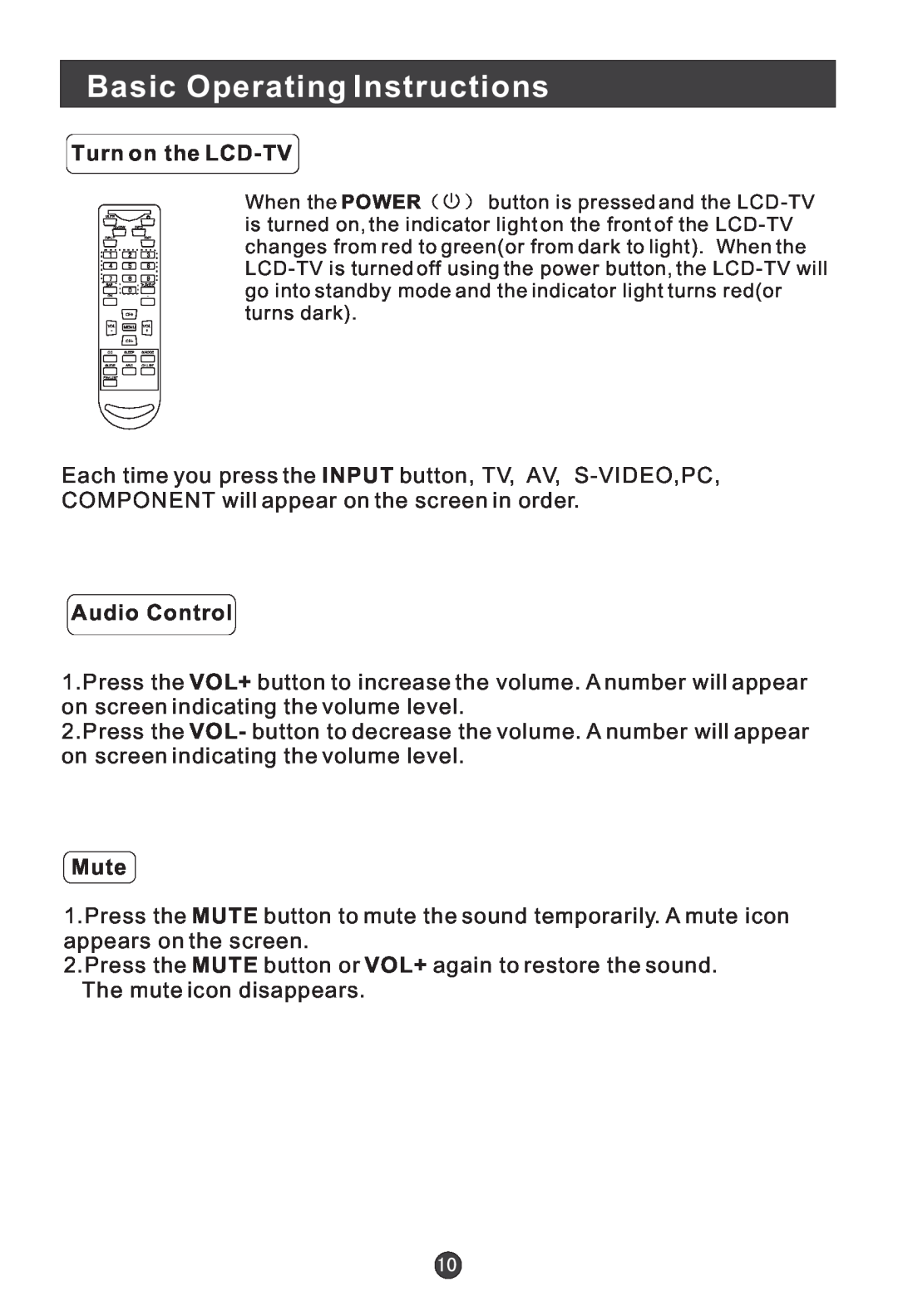 Haier HL15B user manual Basic Operating Instructions, Turn on the LCD-TV, Audio Control, Mute 