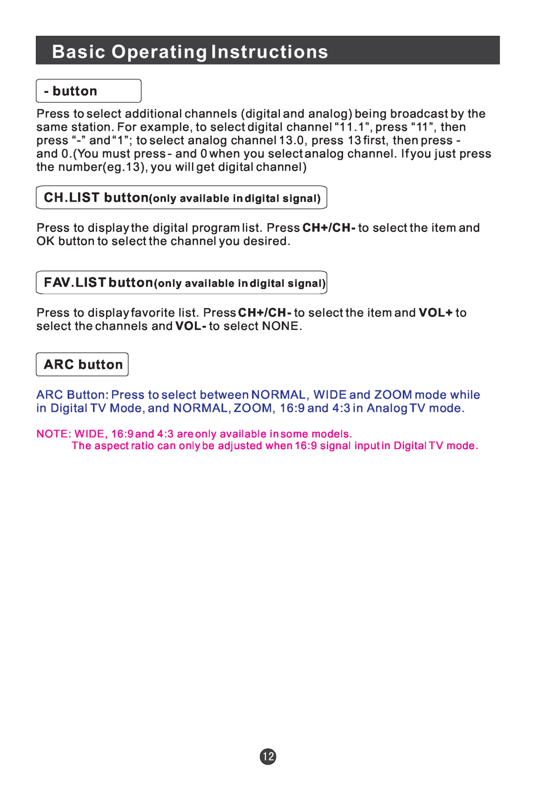 Haier HL15B user manual Basic Operating Instructions, ARC button, CH.LIST buttononly available in digital signal 