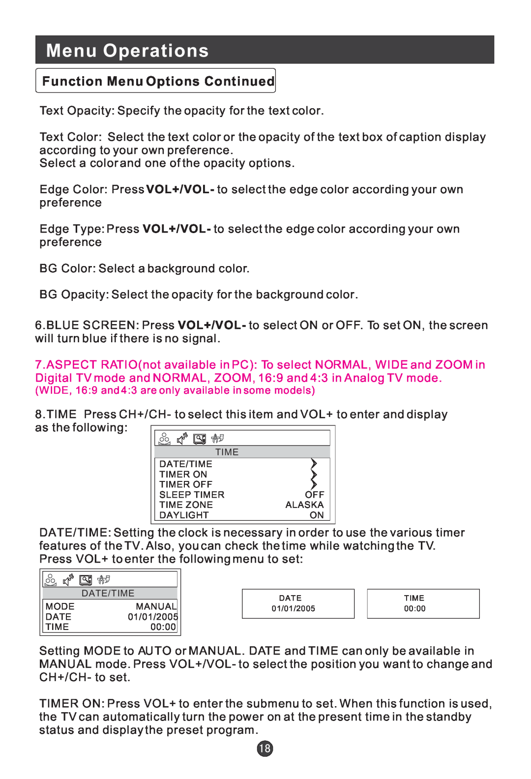 Haier HL15B user manual Menu Operations, Text Opacity Specify the opacity for the text color 