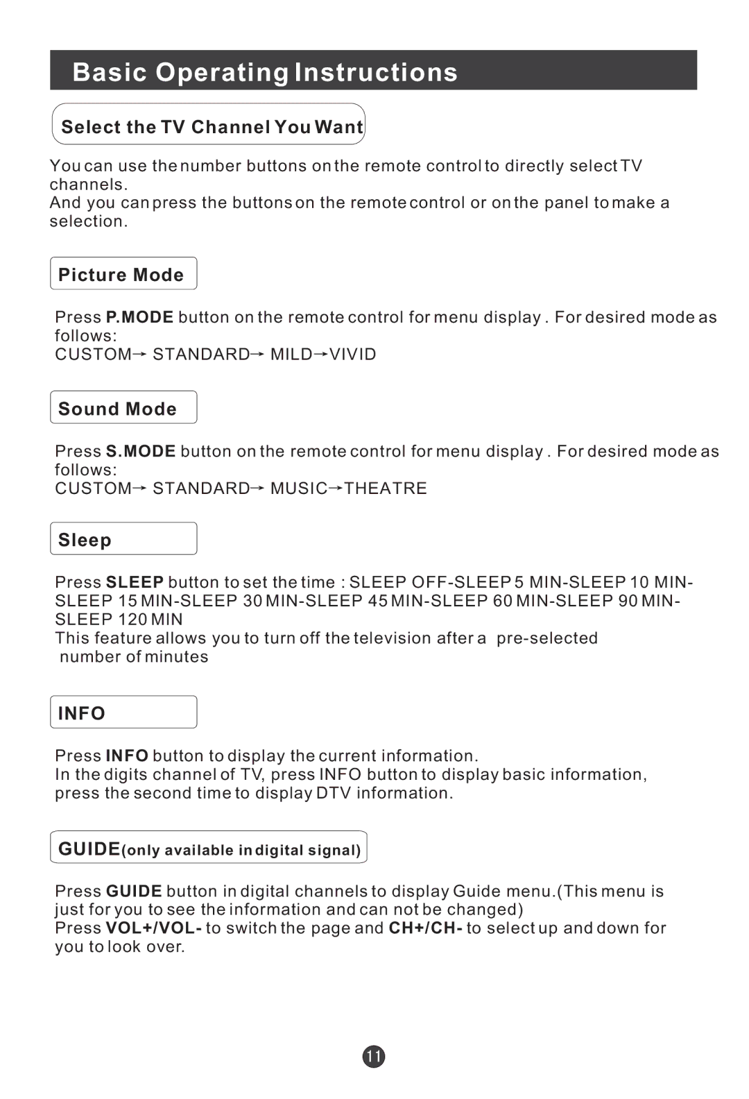 Haier HL22E, HL19W, HL15E, HL19E, L15B user manual Select the TV Channel You Want, Picture Mode, Sound Mode, Sleep 