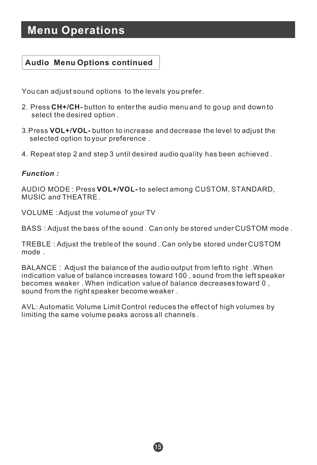 Haier HL19W, HL22E, HL15E, HL19E, L15B user manual Menu Operations 