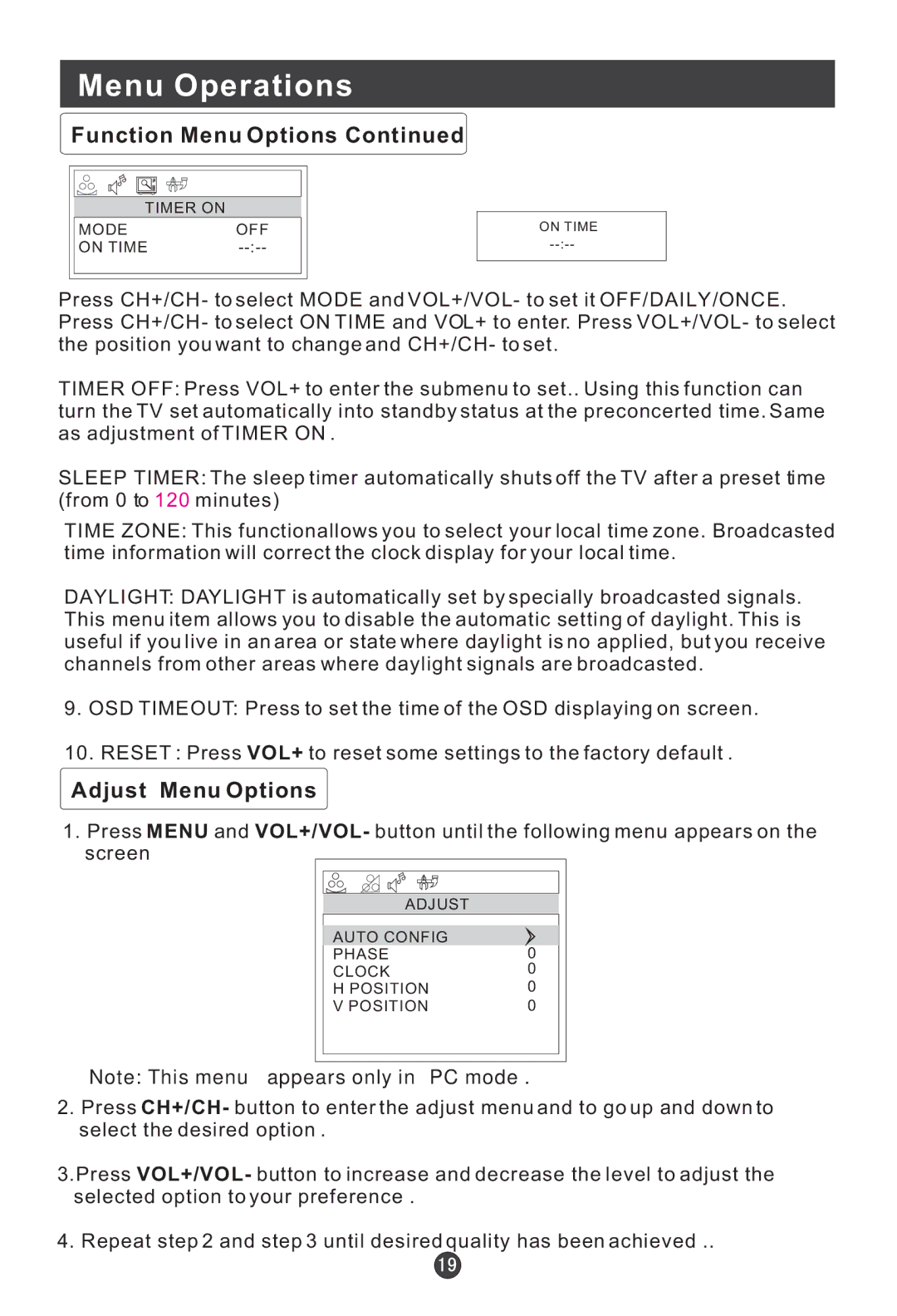 Haier L15B, HL19W, HL22E, HL15E, HL19E user manual Adjust Menu Options 