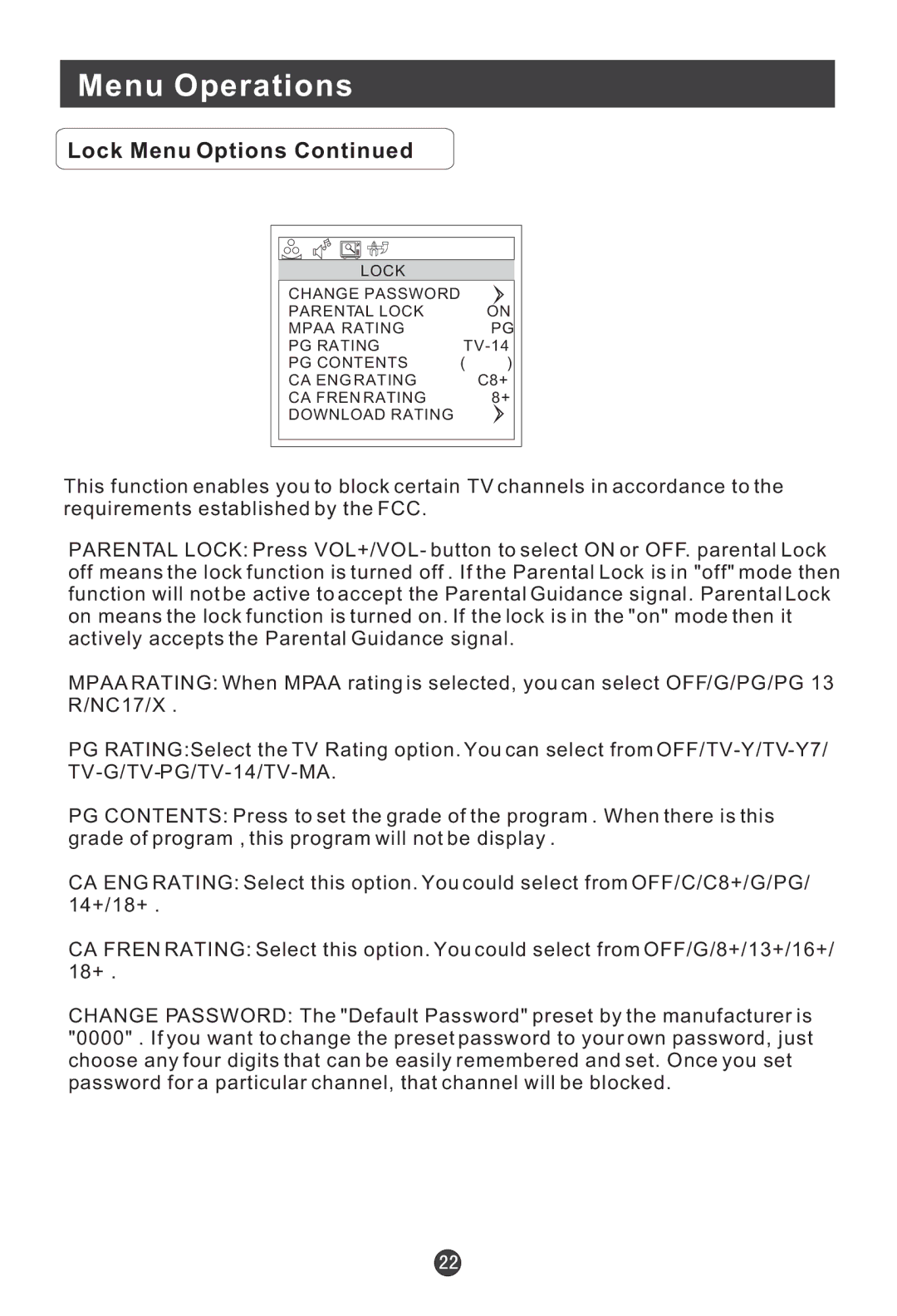 Haier HL15E, HL19W, HL22E, HL19E, L15B user manual Lock Change Password Parental Lock Mpaa Rating PG Rating 