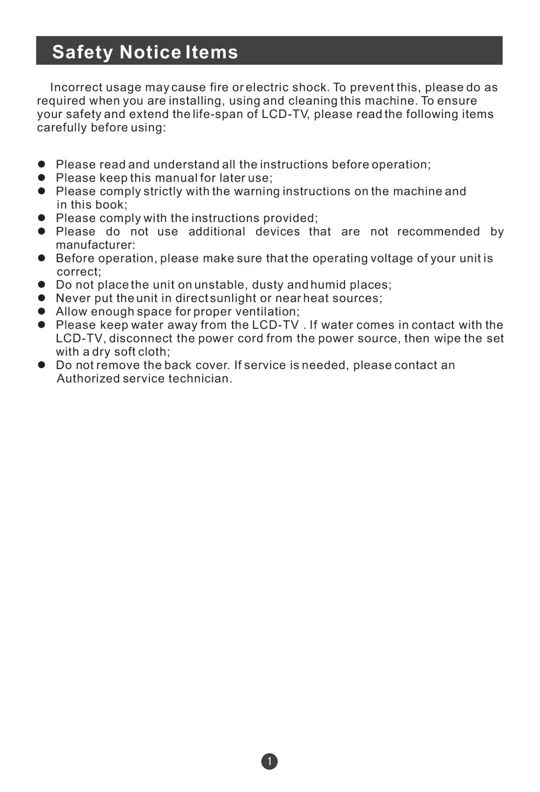 Haier HL22E, HL19W, HL15E, HL19E, L15B user manual Safety Notice Items 