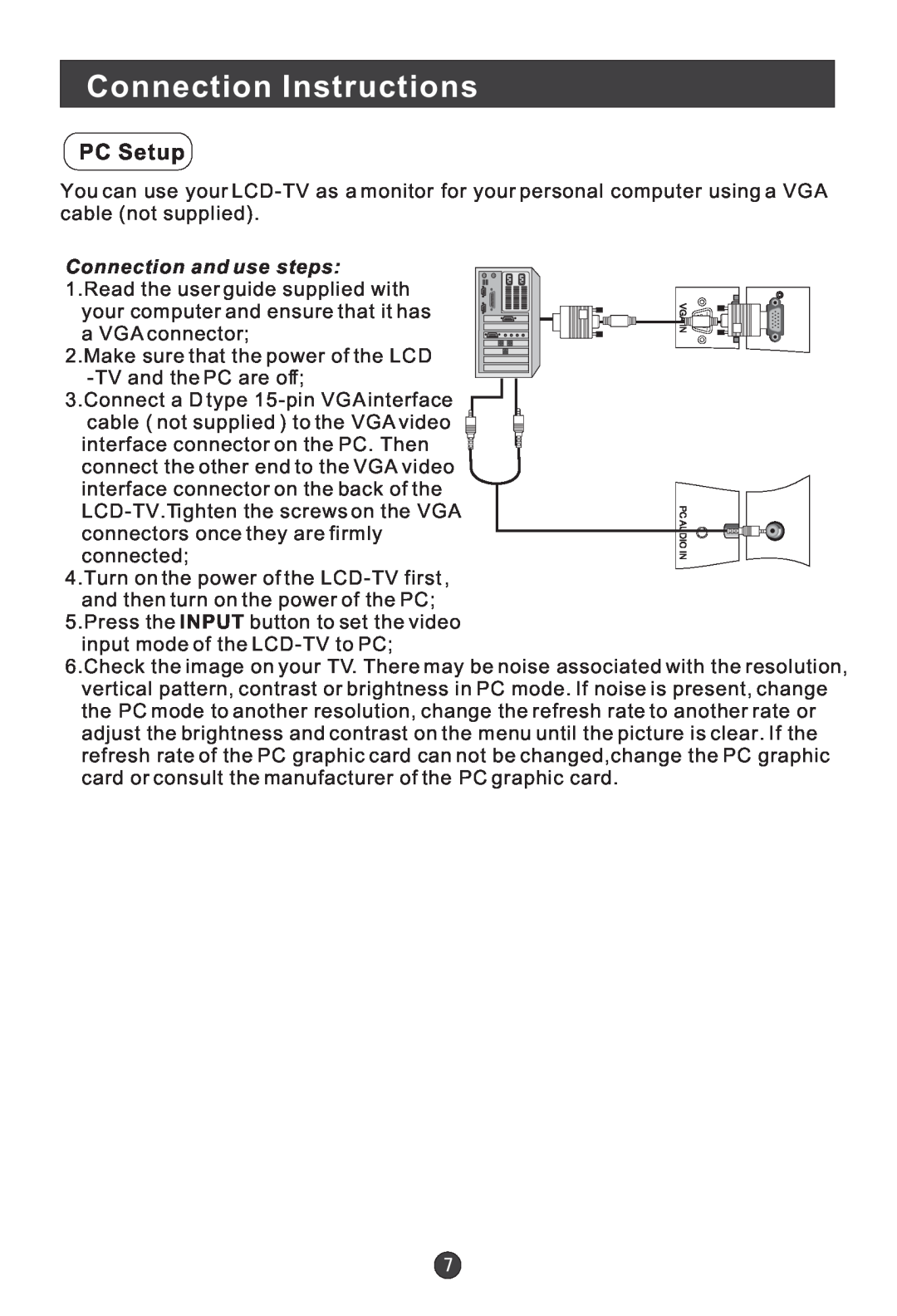 Haier HL15E, HL19W, HL22E, HL19E, L15B user manual Connection Instructions, PC Setup, Connection and use steps 