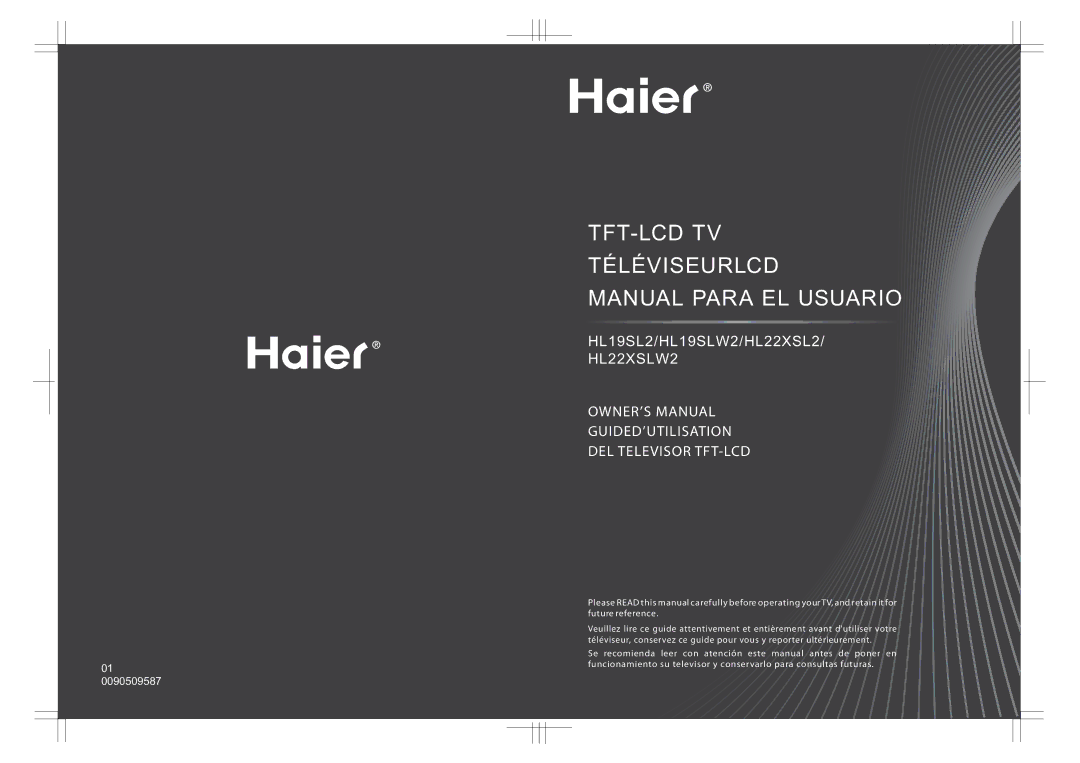 Haier HL19SLW2, HL22XSL2, HL22XSLW2, HL19SL2 owner manual TFT-LCD TV Téléviseurlcd Manual Para EL Usuario 