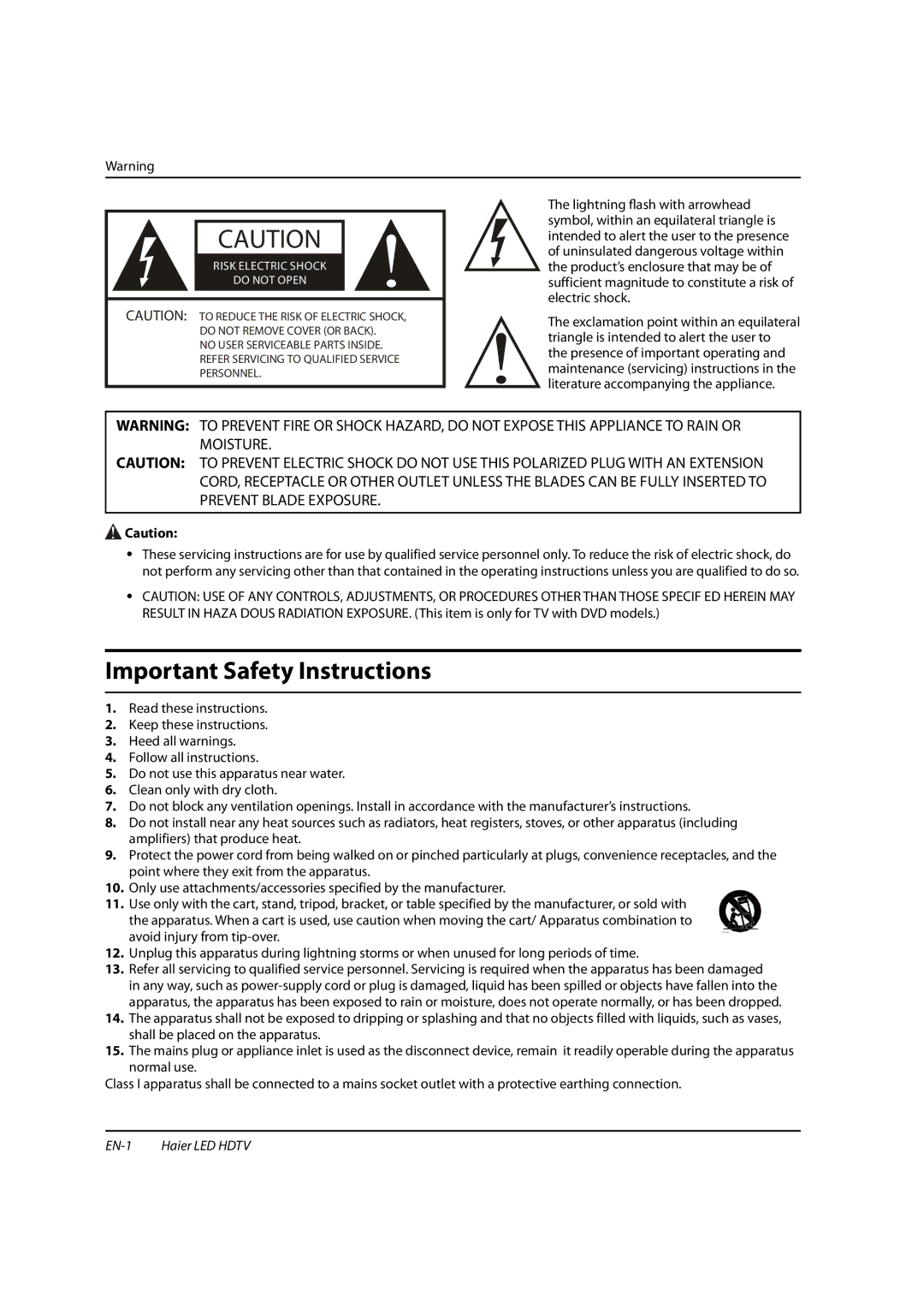 Haier HL22XSLW2, HL22XSL2, HL19SLW2, HL19SL2 owner manual Important Safety Instructions, EN-1 Haier LED Hdtv 