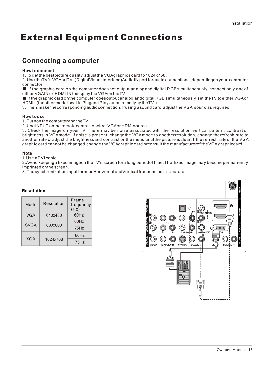 Haier HL26K-B owner manual Connecting a computer, Resolution 