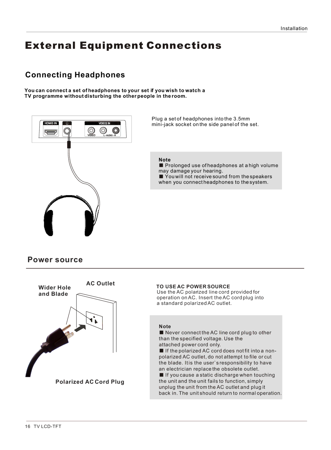 Haier HL26K-B owner manual Connecting Headphones, Power source 