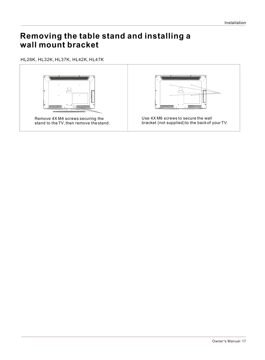 Haier HL26K-B owner manual Removing the table stand and installing a wall mount bracket 