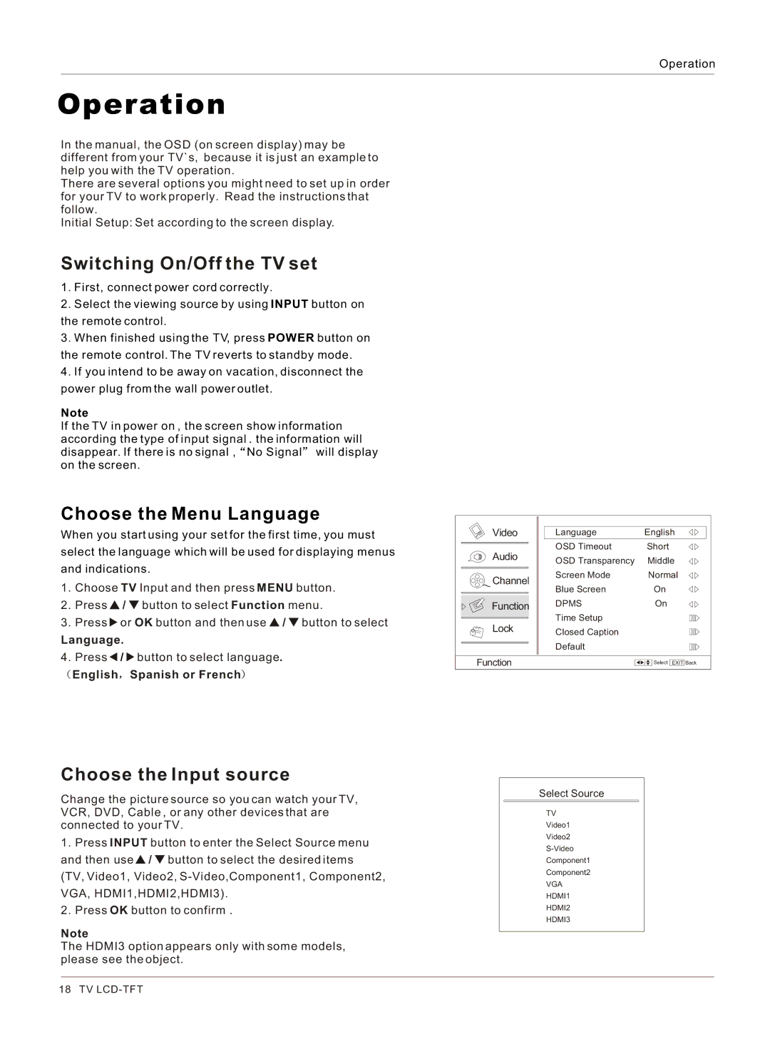 Haier HL26K-B owner manual Switching On/Off the TV set, Choose the Menu Language, Choose the Input source 