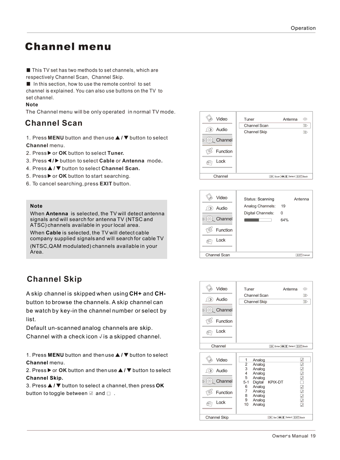 Haier HL26K-B owner manual Channel menu, Channel Scan, Channel Skip 