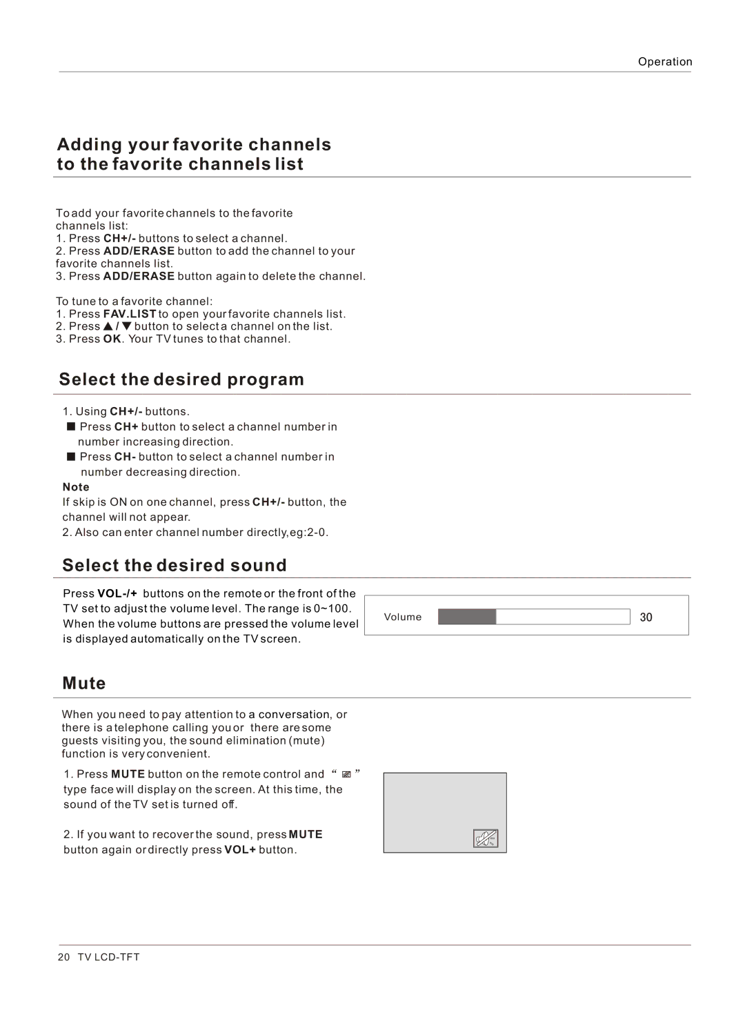 Haier HL26K-B owner manual Adding your favorite channels to the favorite channels list, Select the desired program, Mute 