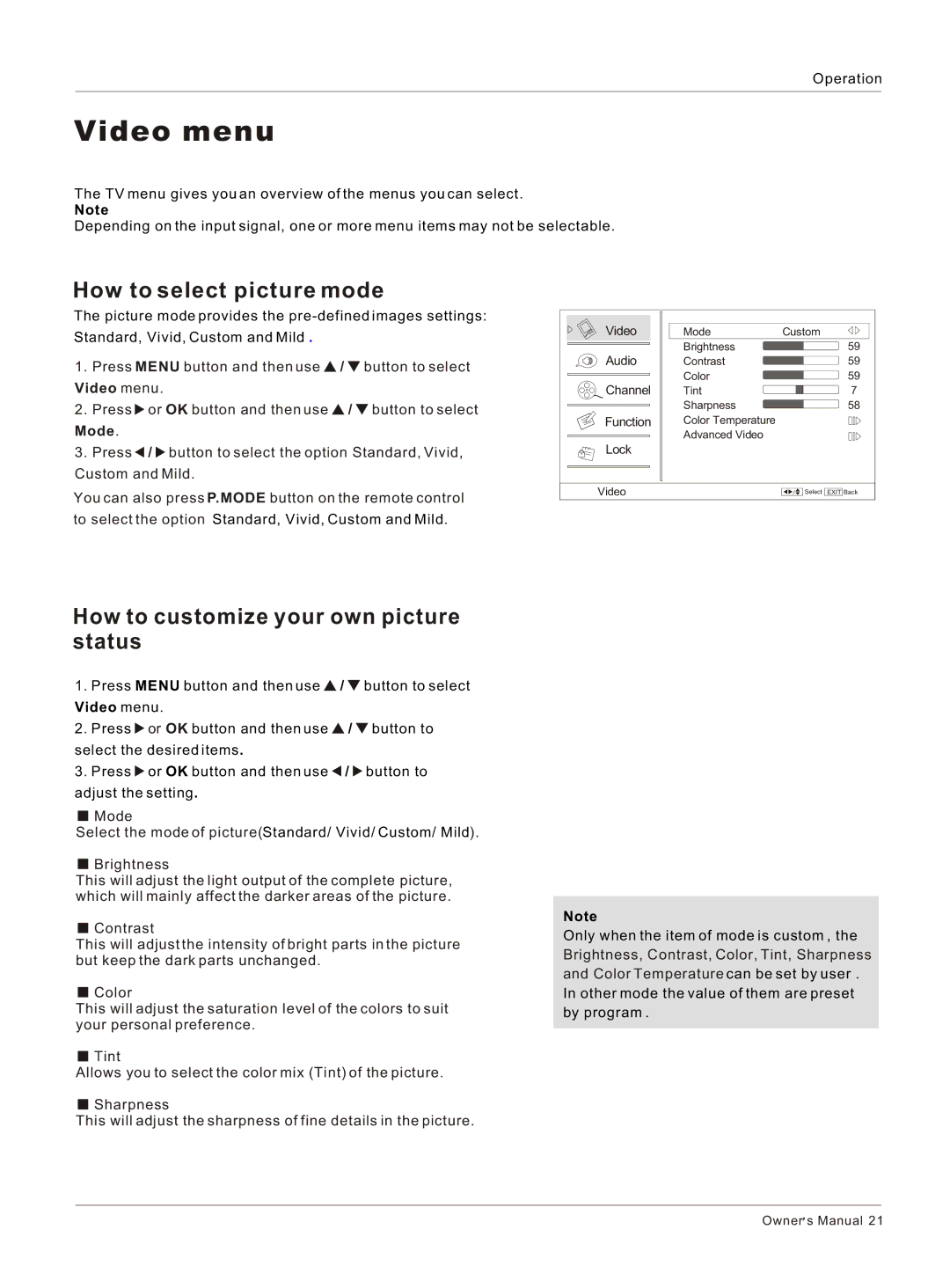 Haier HL26K-B owner manual Video menu, How to select picture mode, How to customize your own picture status 