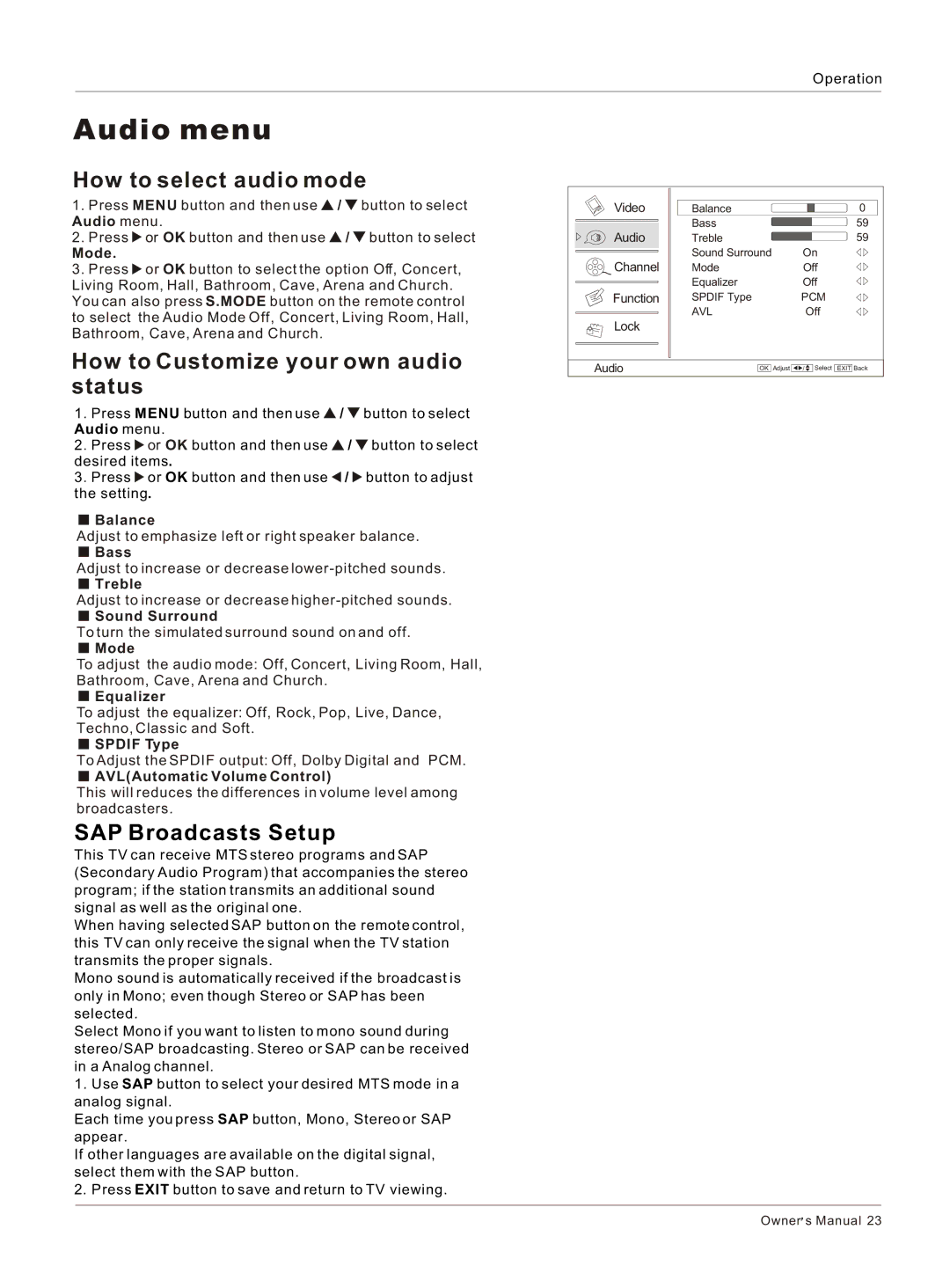 Haier HL26K-B Audio menu, How to select audio mode, How to Customize your own audio status, SAP Broadcasts Setup 