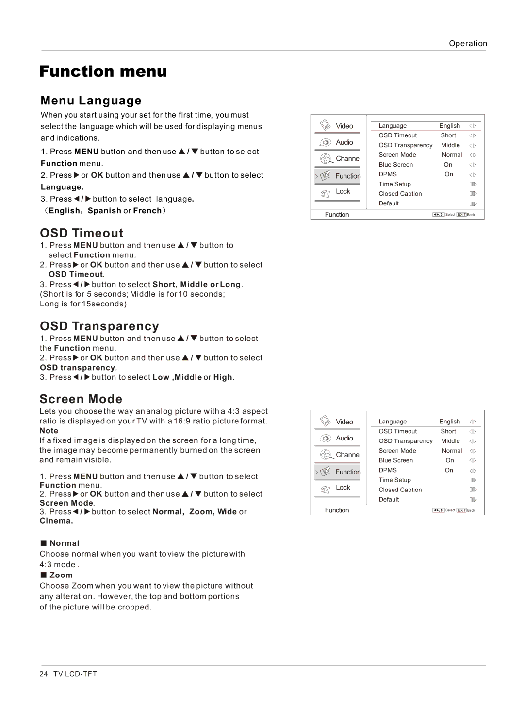 Haier HL26K-B owner manual Function menu, Menu Language, OSD Timeout, OSD Transparency, Screen Mode 