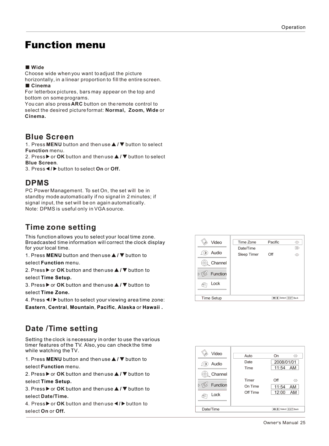 Haier HL26K-B owner manual Blue Screen, Time zone setting, Date /Time setting 