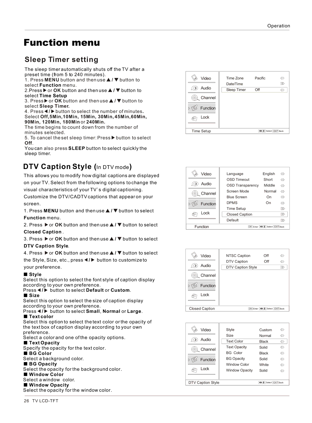 Haier HL26K-B owner manual Sleep Timer setting, DTV Caption Style In DTV mode 