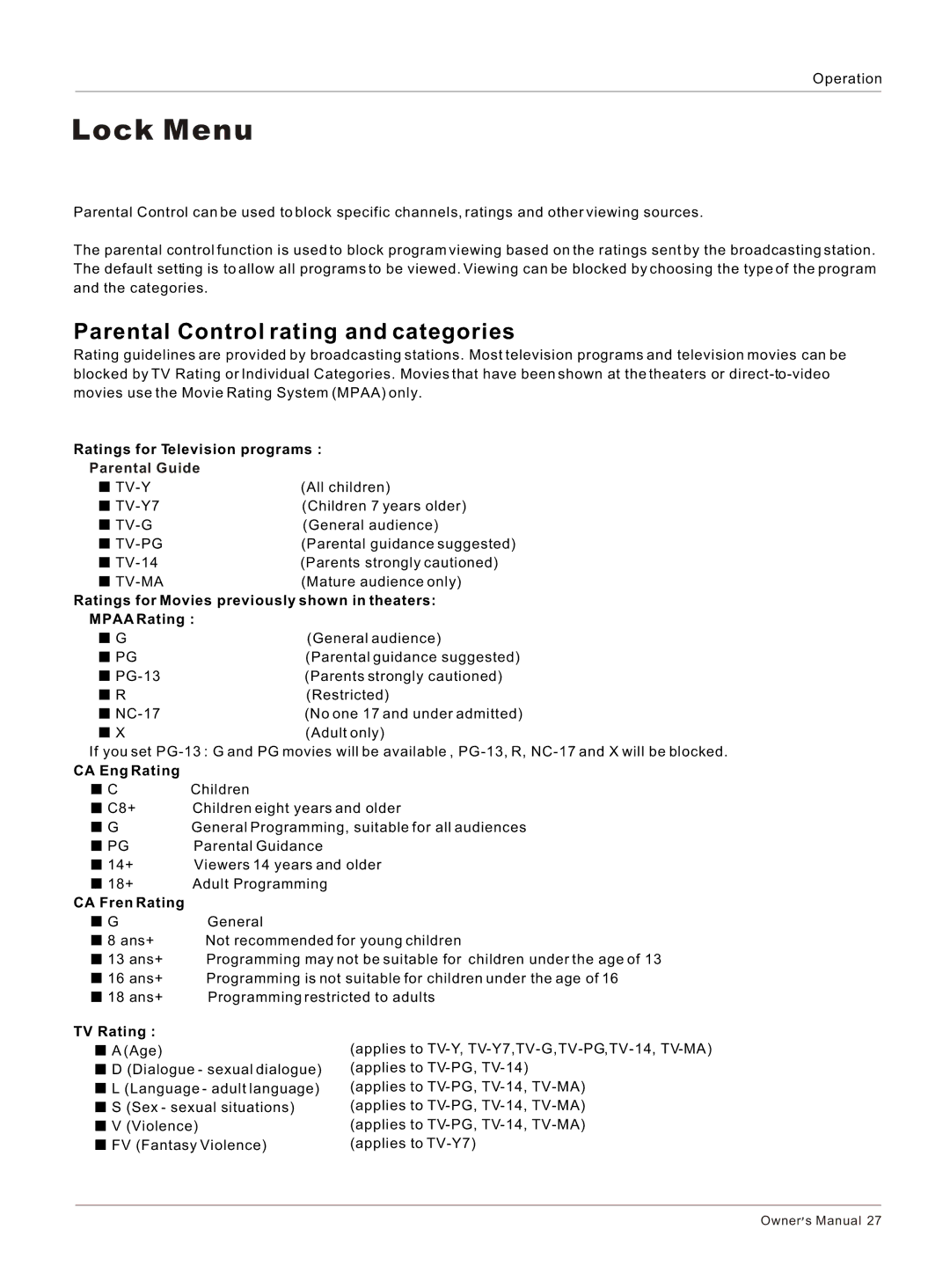 Haier HL26K-B owner manual Lock Menu, Parental Control rating and categories, Parental Guide 