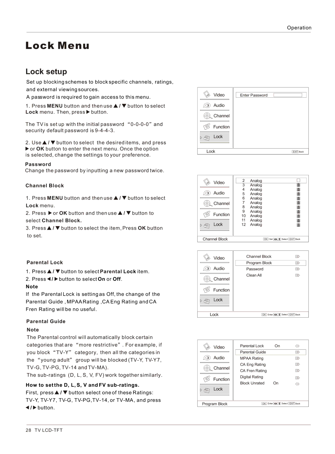 Haier HL26K-B Lock setup, Password, Channel Block, Parental Lock, How to set the D, L, S, V and FV sub-ratings 