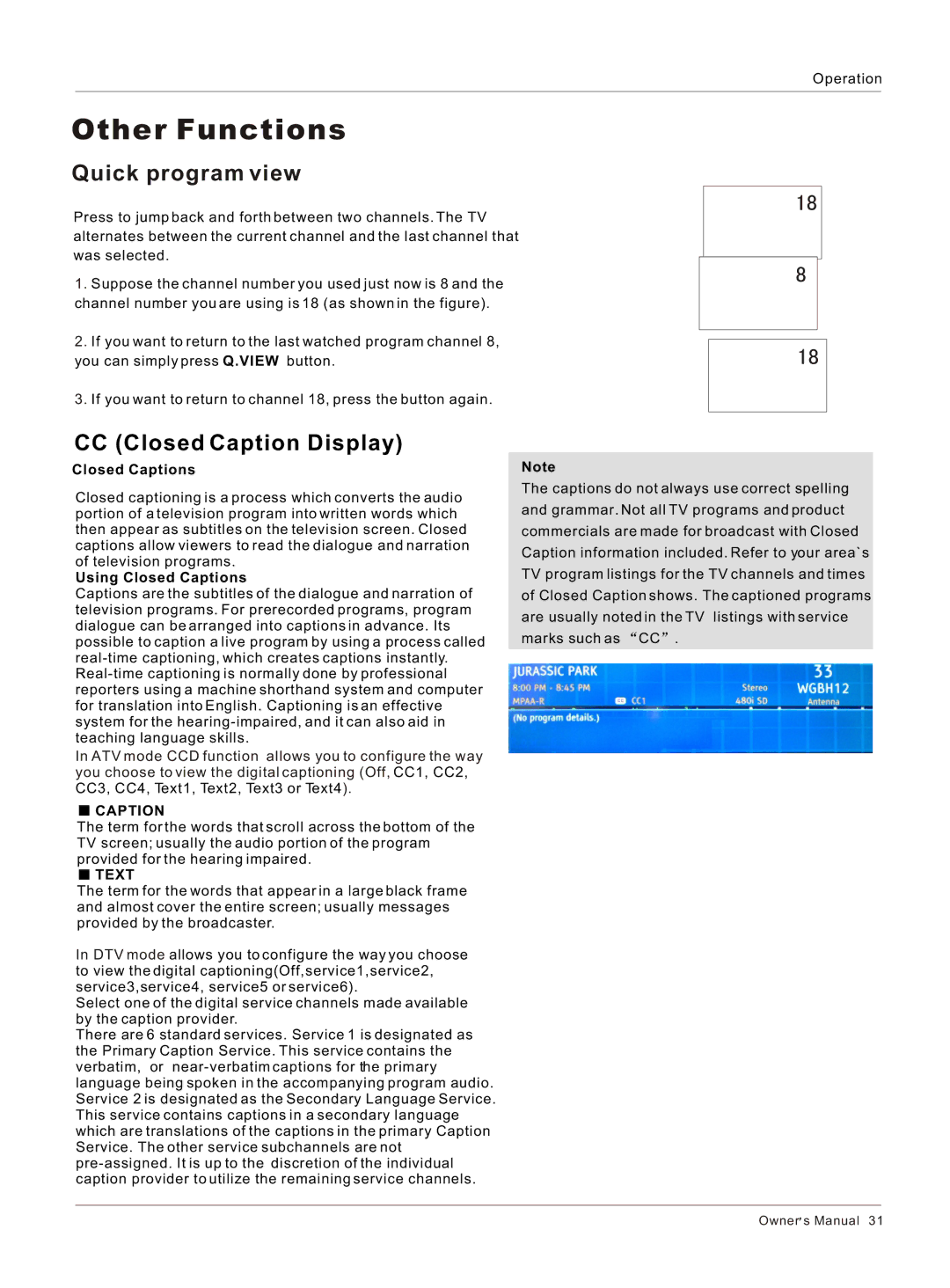 Haier HL26K-B owner manual Quick program view, CC Closed Caption Display, Using Closed Captions 