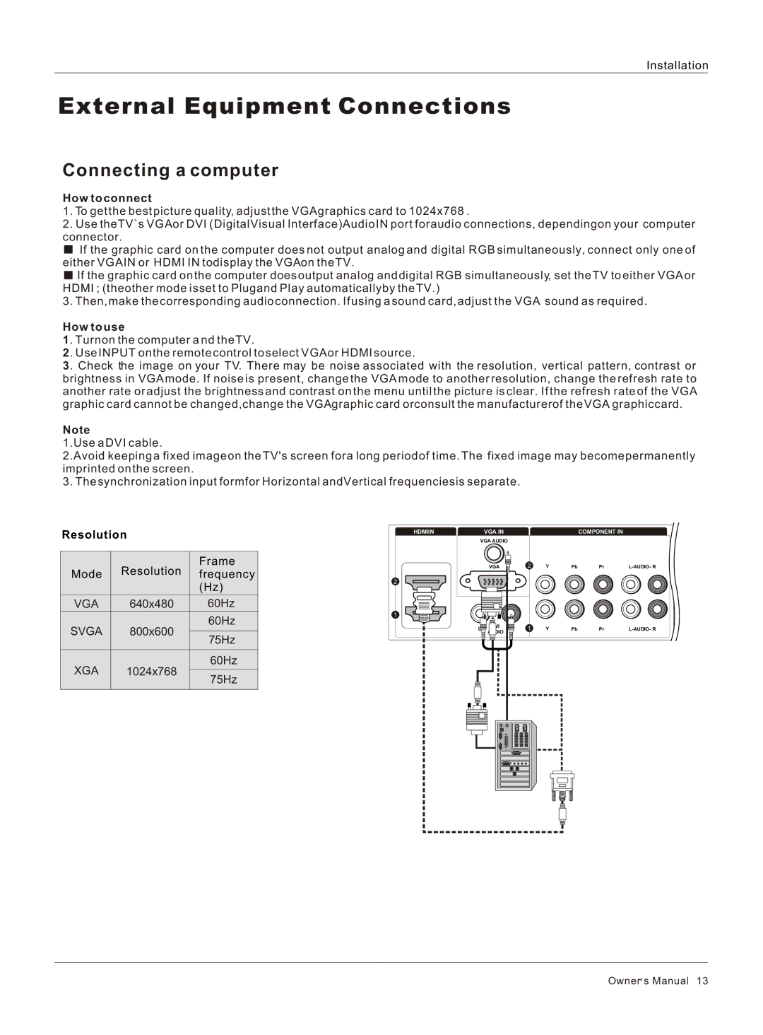 Haier HL42R, HL26R, HL47T, HL52T, HL40R, HL37T, HL42T, HL32R owner manual Connecting a computer, Resolution 