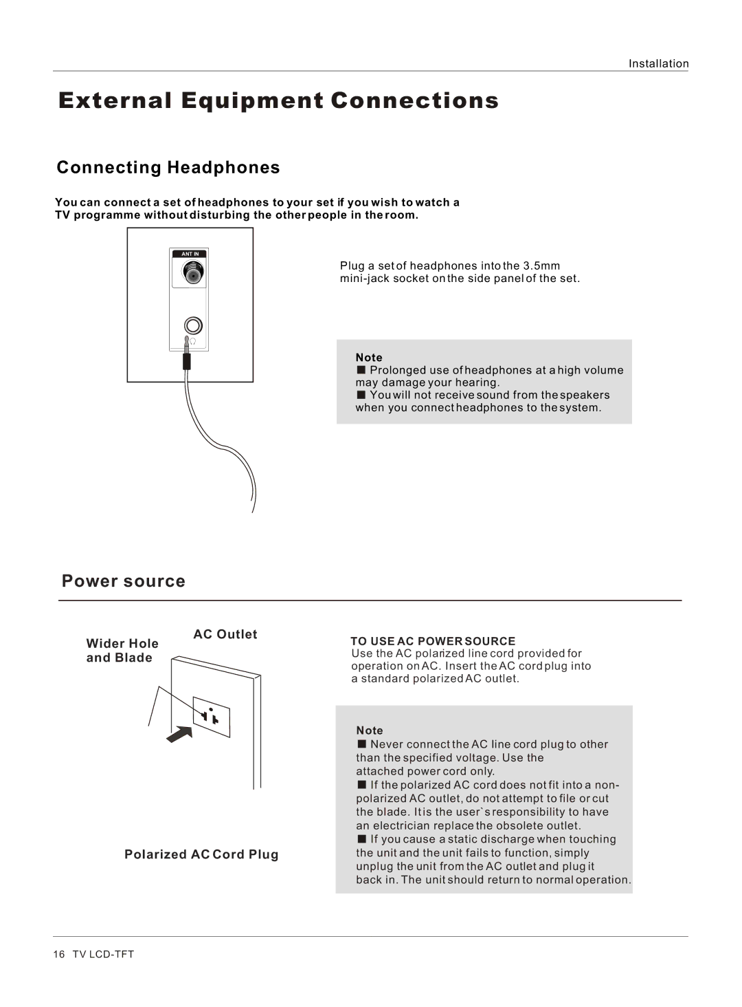 Haier HL26R, HL47T, HL52T, HL40R, HL37T, HL42R, HL42T, HL32R owner manual Connecting Headphones, Power source 