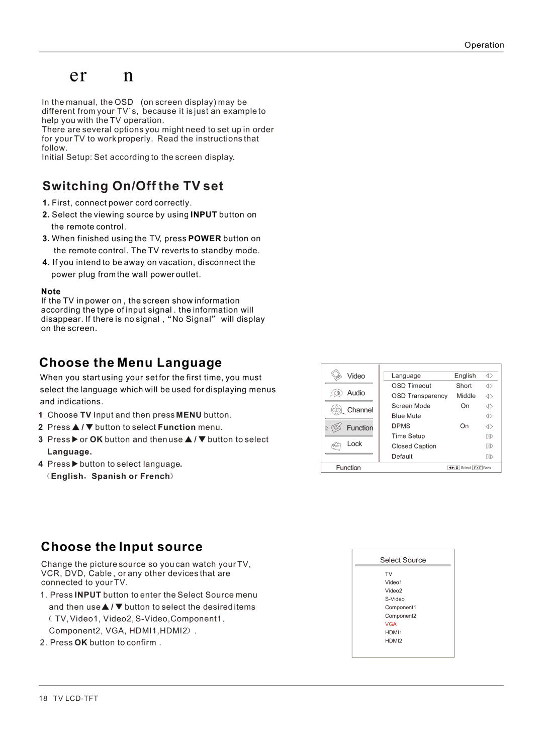 Haier HL52T Switching On/Off the TV set, Choose the Menu Language, Choose the Input source, English Spanish or French 