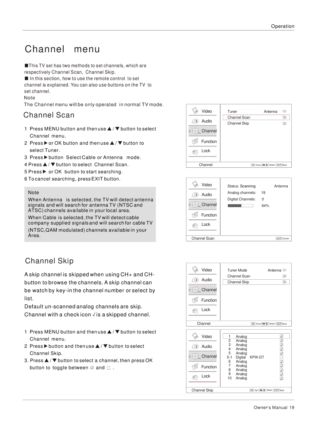 Haier HL40R, HL26R, HL47T, HL52T, HL37T, HL42R, HL42T, HL32R owner manual Channel menu, Channel Scan, Channel Skip 