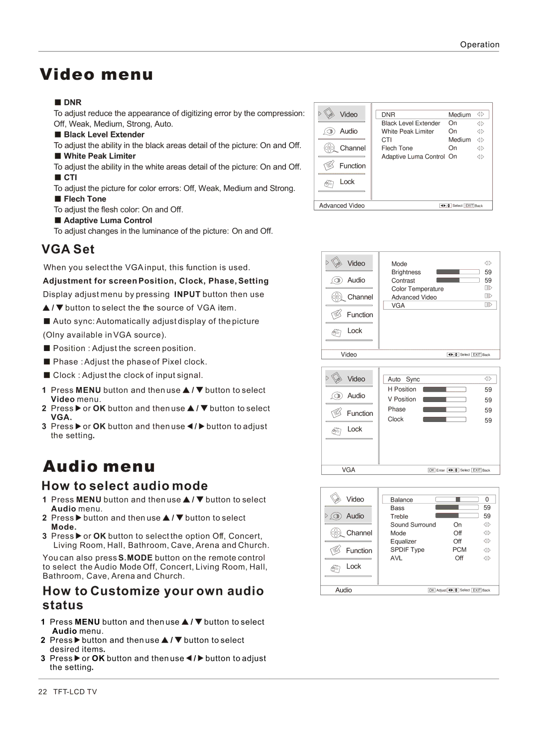 Haier HL42T, HL26R, HL47T, HL52T, HL40R Audio menu, VGA Set, How to select audio mode, How to Customize your own audio status 