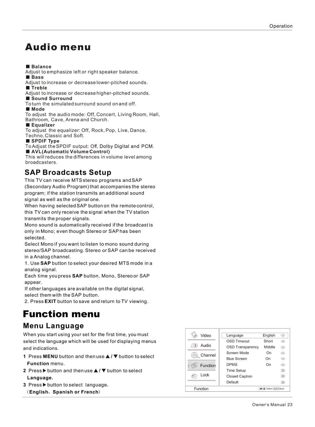 Haier HL32R, HL26R, HL47T, HL52T, HL40R, HL37T, HL42R, HL42T owner manual Function menu, SAP Broadcasts Setup, Menu Language 