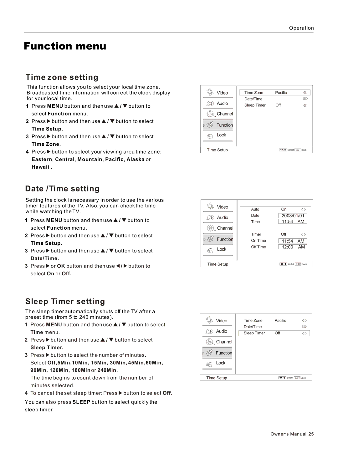 Haier HL47T, HL26R, HL52T, HL40R, HL37T, HL42R, HL42T Time zone setting, Date /Time setting, Sleep Timer setting, Date/Time 