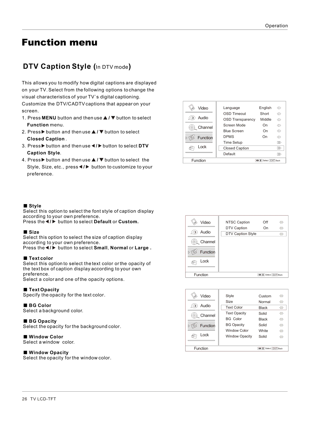 Haier HL52T, HL26R, HL47T, HL40R, HL37T, HL42R, HL42T, HL32R owner manual DTV Caption Style In DTV mode 