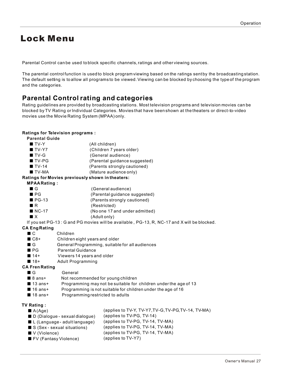 Haier HL40R, HL26R, HL47T, HL52T, HL37T, HL42R, HL42T, HL32R Lock Menu, Parental Control rating and categories, Parental Guide 