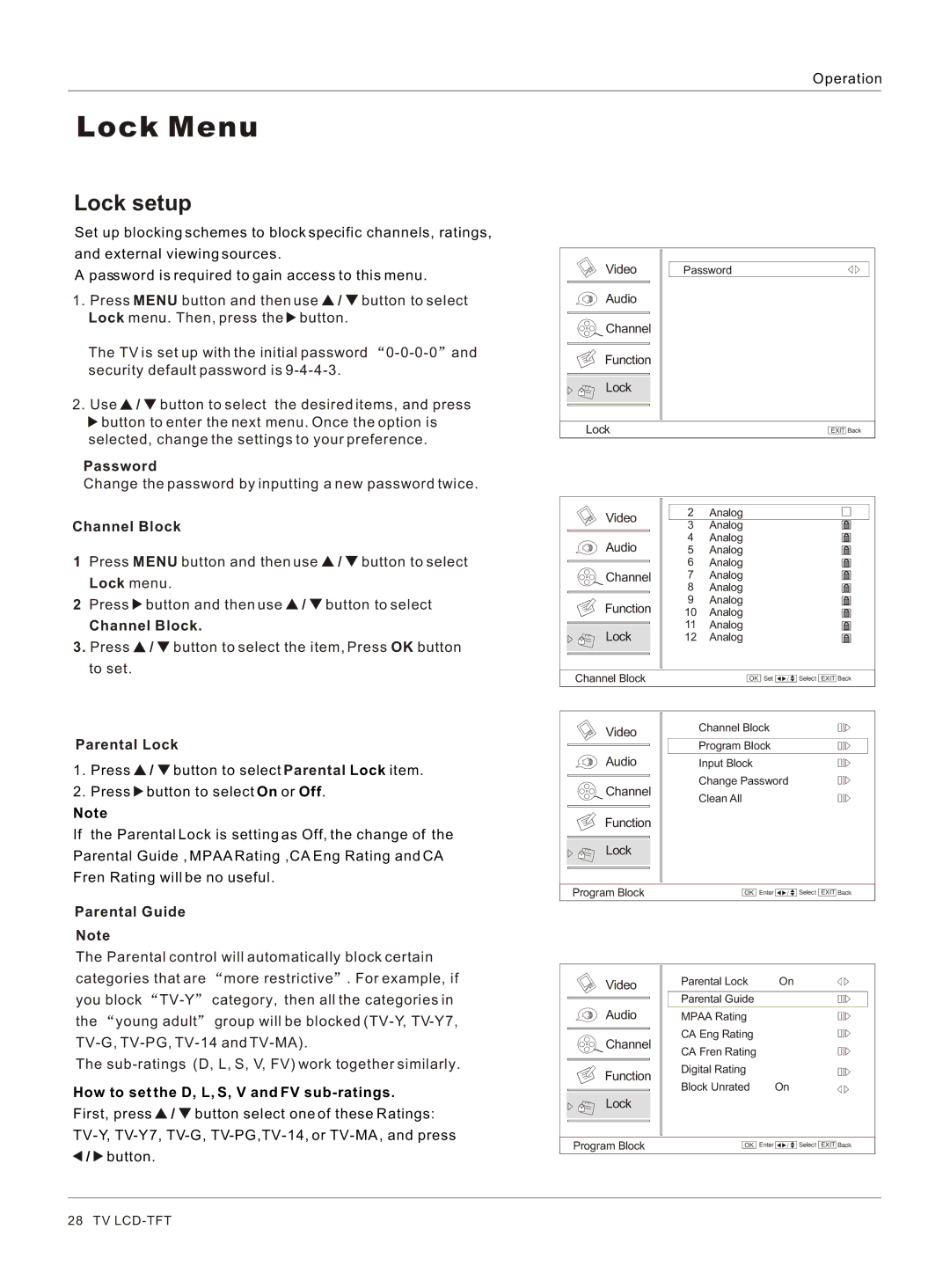 Haier HL37T, HL26R, HL47T Lock setup, Password, Channel Block, Parental Lock, How to set the D, L, S, V and FV sub-ratings 