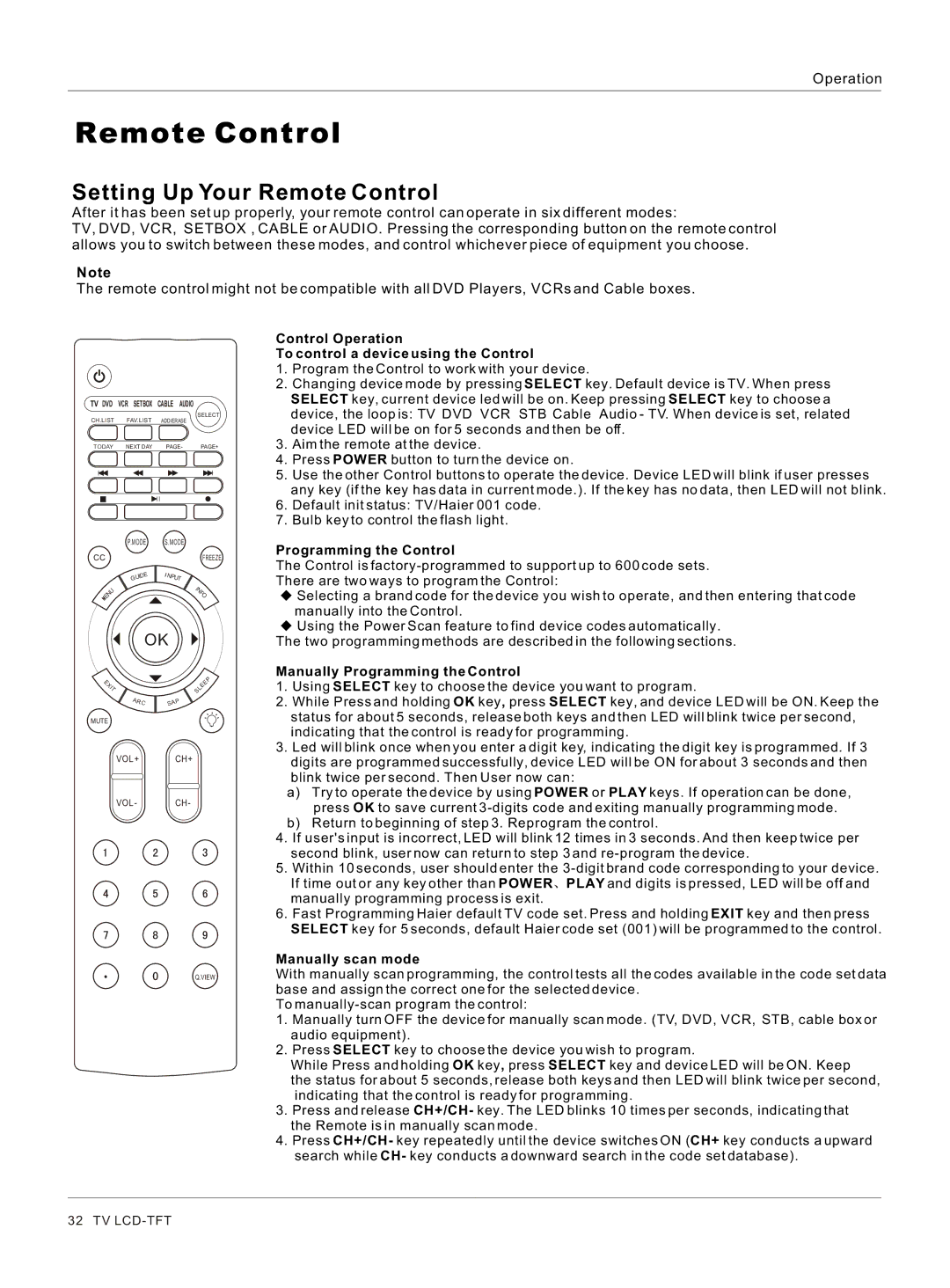 Haier HL26R, HL47T, HL52T, HL40R, HL37T, HL42R, HL42T, HL32R owner manual Setting Up Your Remote Control 