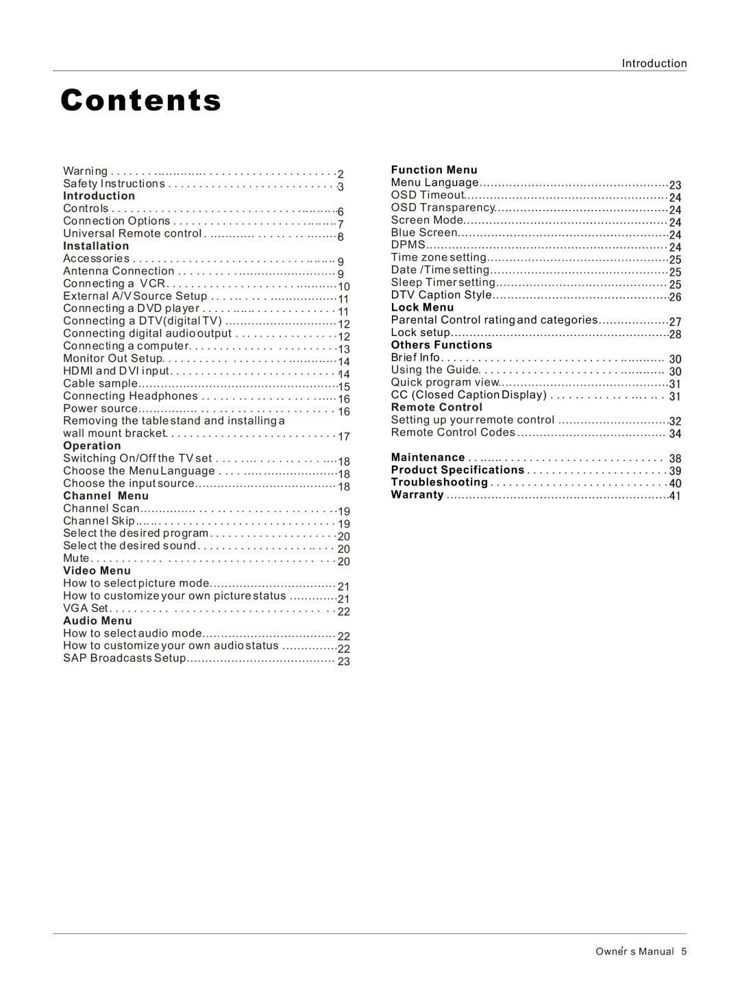 Haier HL42R, HL26R, HL47T, HL52T, HL40R, HL37T, HL42T, HL32R owner manual Contents 