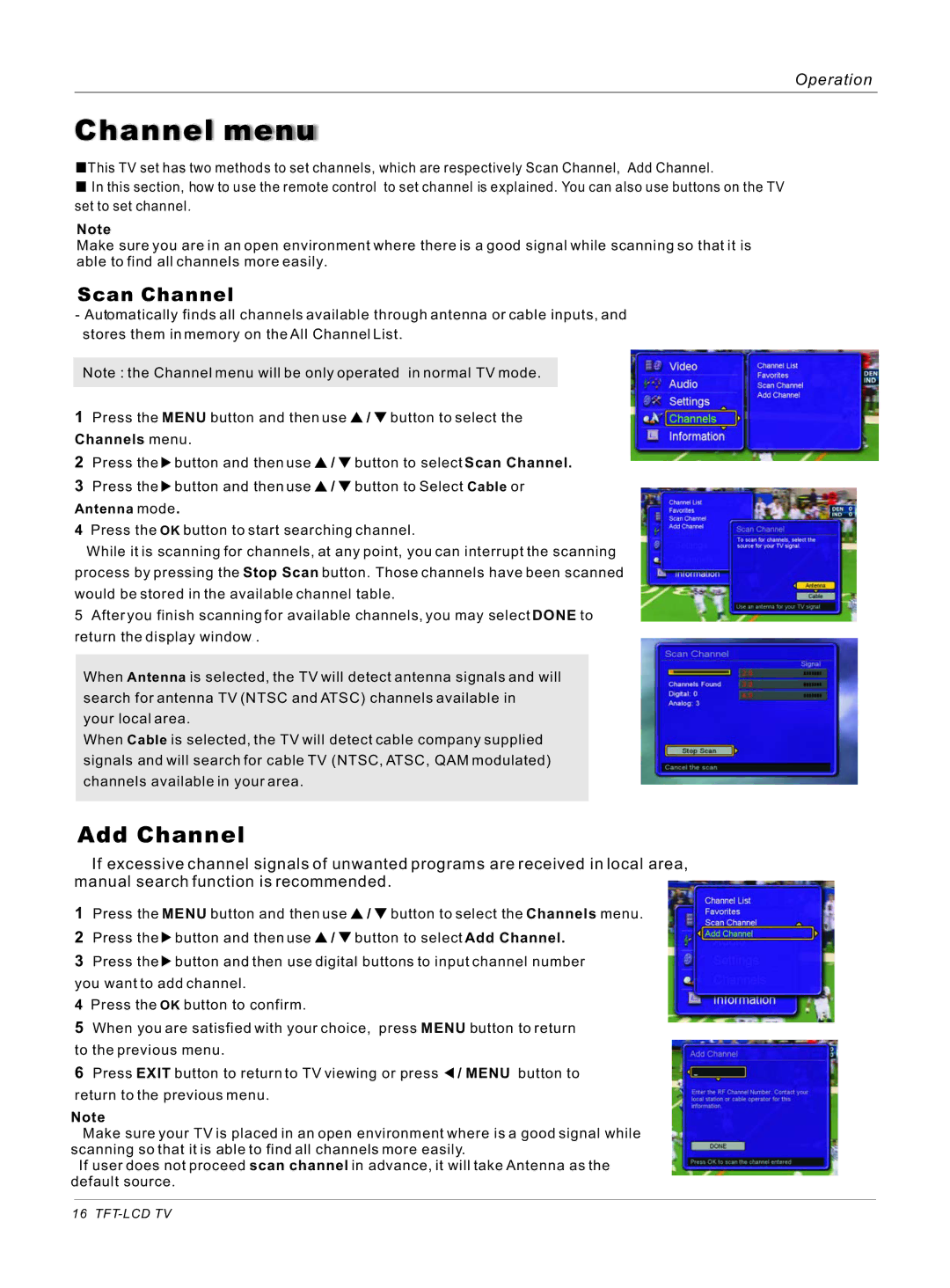 Haier HL32ATB, HL26ATB owner manual Channel menu, Add Channel, Scan Channel, Channels menu, Antenna mode 