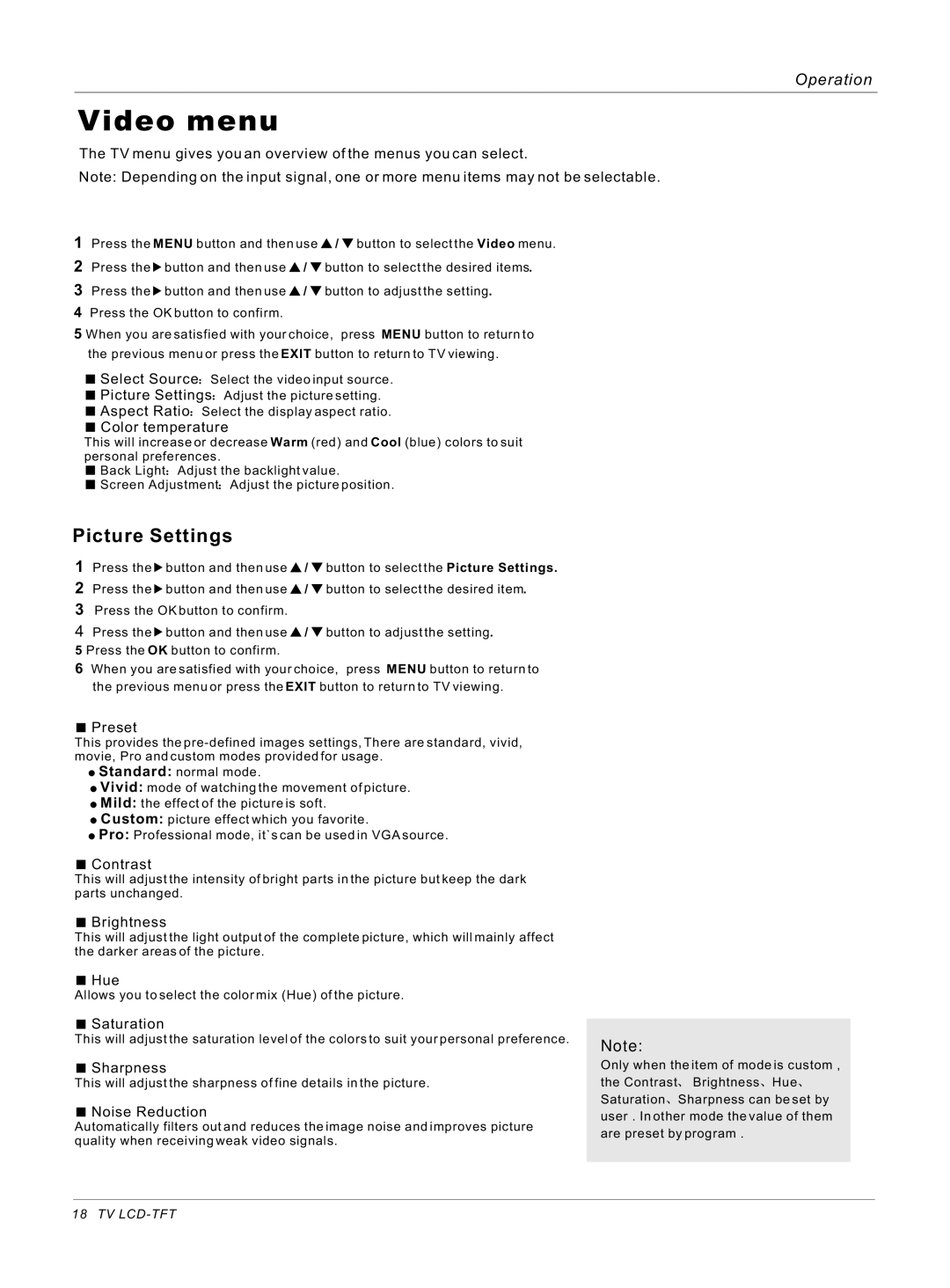 Haier HL32ATB, HL26ATB owner manual Video menu, Picture Settings 