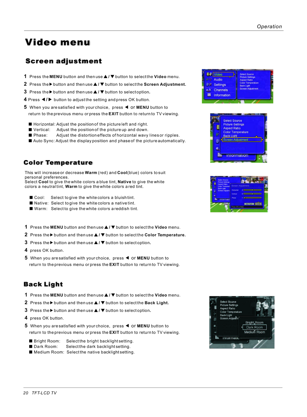 Haier HL32ATB, HL26ATB owner manual Color Temperature, Back Light 