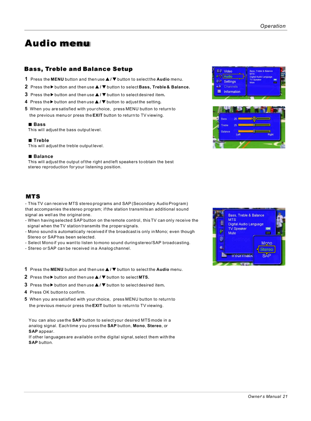 Haier HL32ATB, HL26ATB owner manual Audio menu, Bass, Treble, Balance 