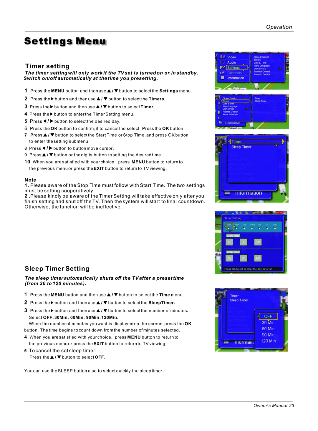 Haier HL32ATB, HL26ATB Settings Menu, Timer setting, Sleep Timer Setting, Select OFF, 30Min, 60Min, 90Min, 120Min 