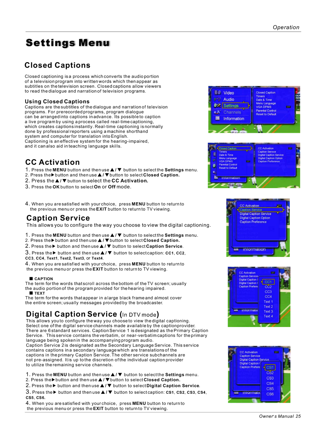 Haier HL32ATB, HL26ATB owner manual Closed Captions, CC Activation, Digital Caption Service In DTV mode 